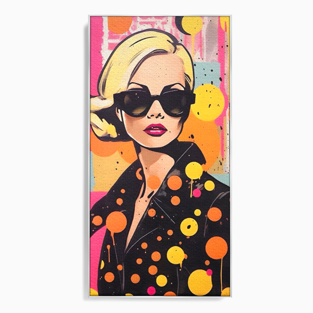 Tablou canvas cu tablou canvas portret femeie ochelari, in rama de aluminiu argintiu